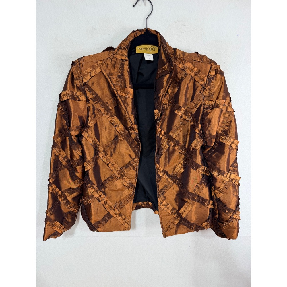 Painted Pony Jacket Ruffled Quilted Luster XS Brown Boho Metallic Avant-Garde
